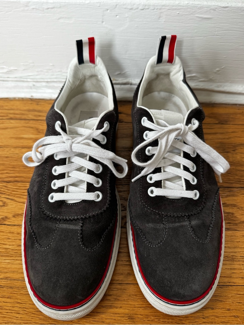Thom Browne Dark Grey Suede Sneakers with White Laces and Red Trim